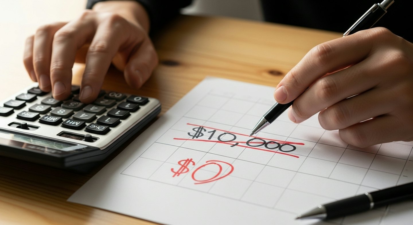 Mani che calcolano le finanze su una scrivania di legno con un blocco note.